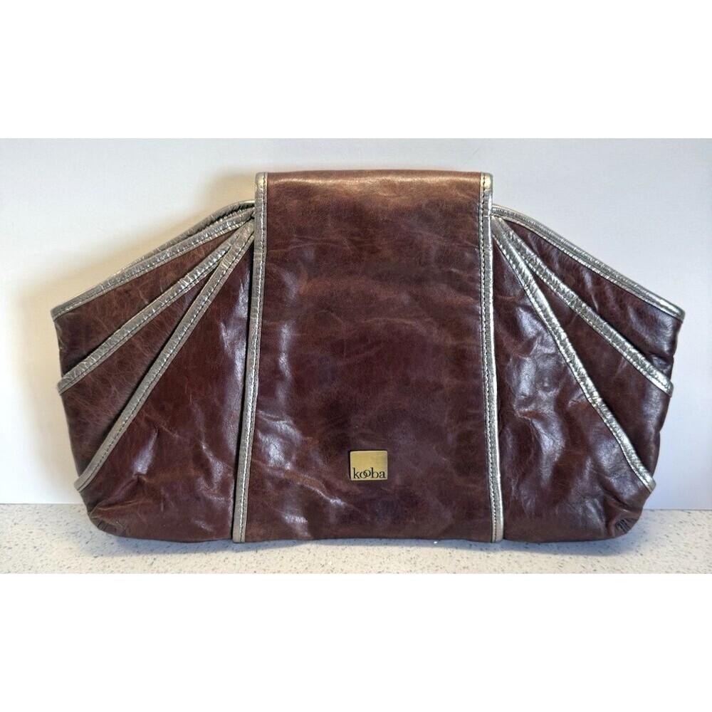 Kooba Brown Leather Clutch Metallic Piping Zip Snap Boho Bag Purse Y2K